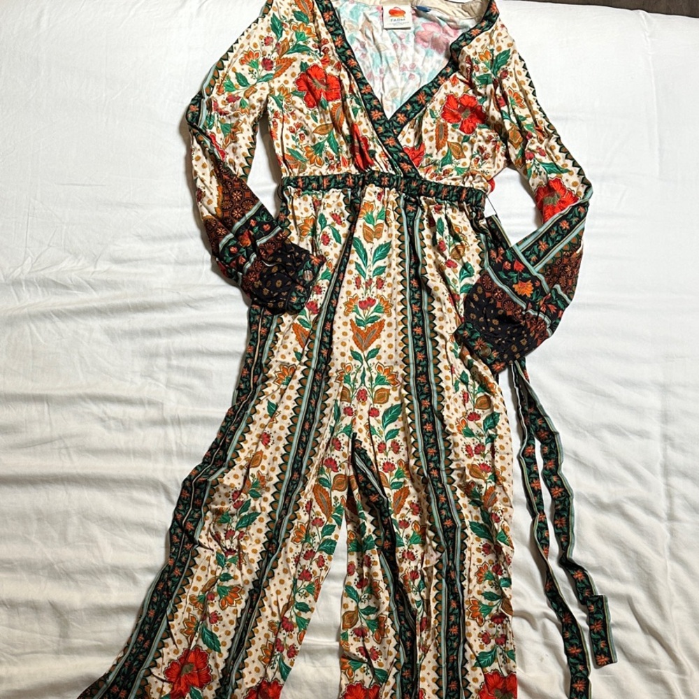 Anthropologie Floral Wrap Jumpsuit in Cream, Green & Red